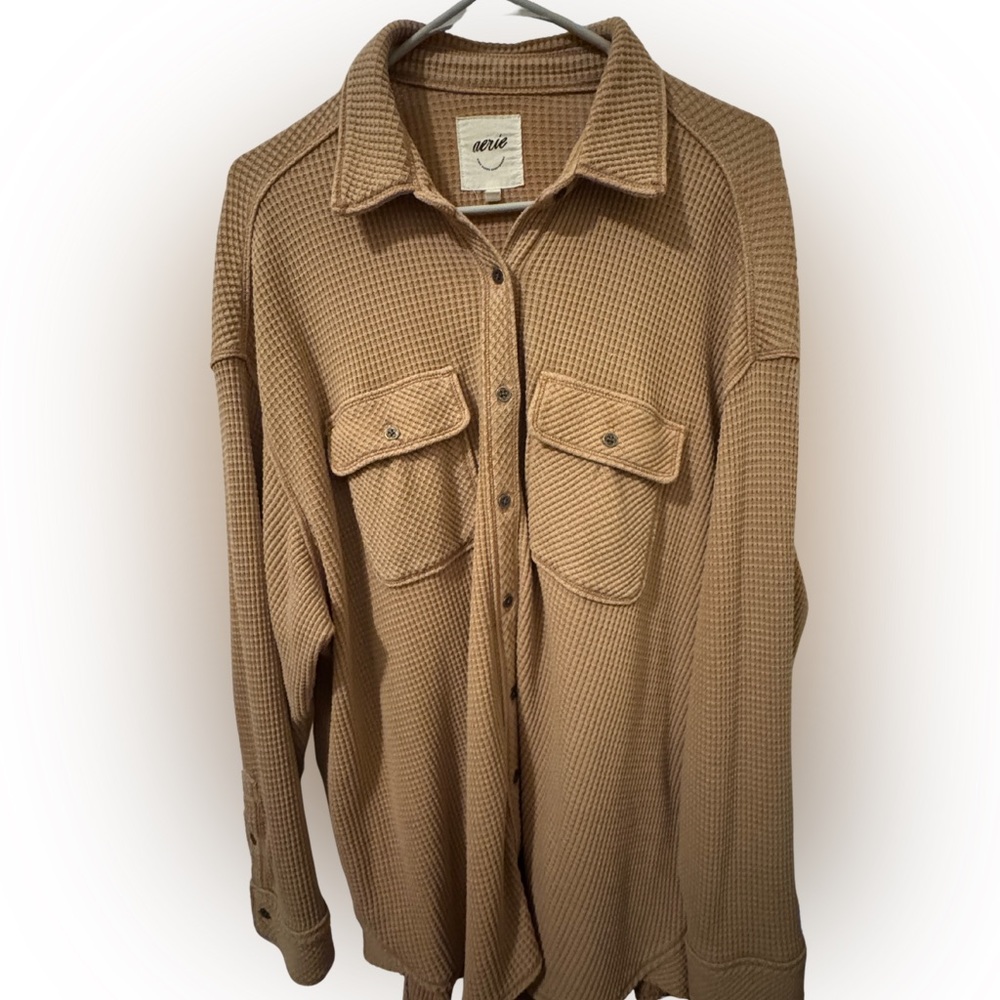 Aerie Lumberjane Button Up Camel Waffle Knit Oversized Loungewear